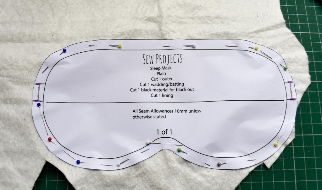 Cut out wadding layer for sleep mask pattern
